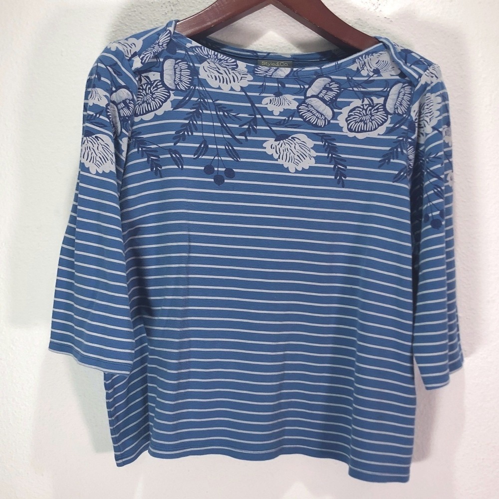 Style & Co Womens 2X Pima Cotton Blue Striped Floral 3/4 Sleeve Boat Neck Top